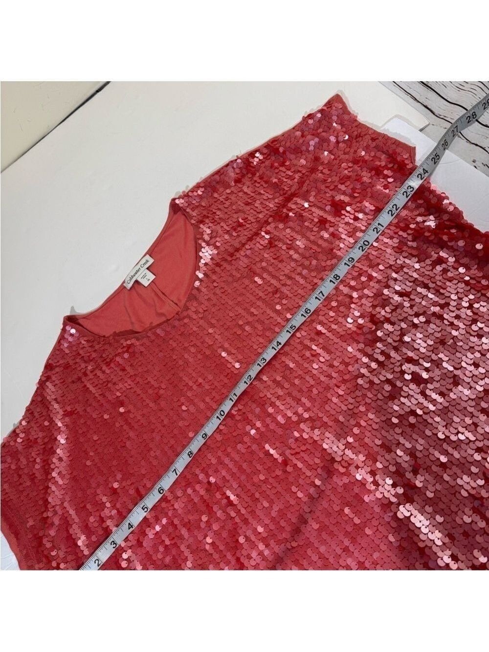 Coldwater Creek Coral Sequin Short Sleeve Top Large - Picture 4 of 7